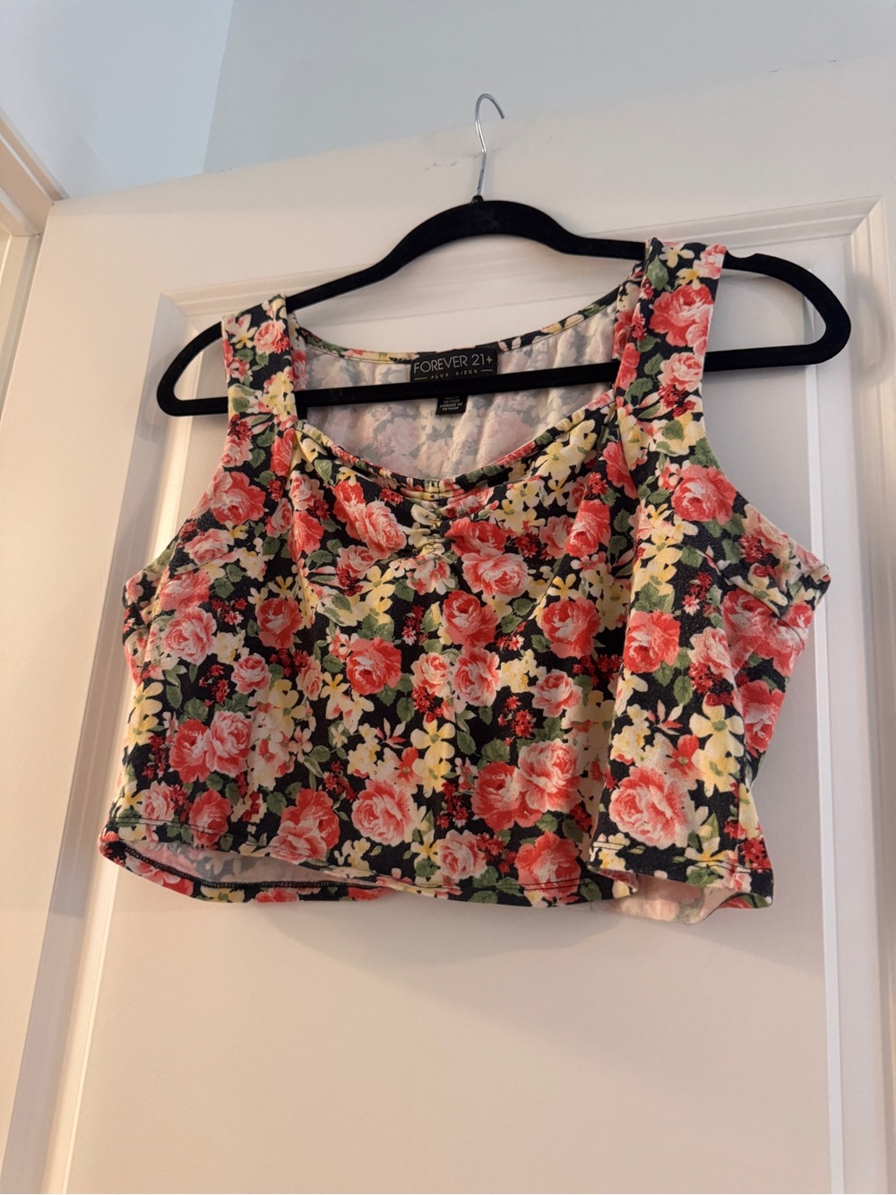 Forever 21 Black Floral Crop Top with Pink and Cream Roses